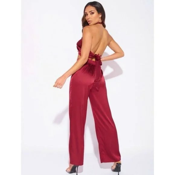 Burgundy Satin Halter Neck Crop Top and High Waist Wide Leg Pants Two Piece Set - Picture 4 of 11
